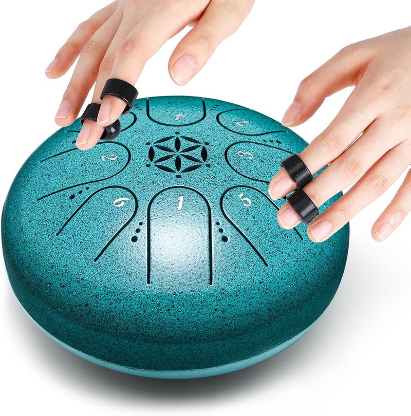 PUJONI Steel Tongue Drum, 6 Inch 8 Notes Percussion Instruments with Music Book, Mallets, Carry Bag, Finger Picks, Gifts for Beginners Musical Education & Adults Relaxation Meditation (Malachite) - Image 3